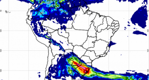 Imagem de satélite mostra que praticamente não há previsão de chuvas sobre o país; MS sofrerá com baixa umidade do ar. (Imagem: Inmet/Divulgação)