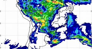 Mapa pluviométrico da América do Sul aponta precipitação acumulada desde a 0h desta quinta-feira; previsão é de chuva forte no Noroeste e Centro. (Imagem: Inmet)
