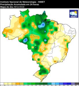 Mapa de precipitação referente a 29 de novembro; Inmet prevê mais chuvas no Estado nesta sexta-feira. (Imagem: Inmet)