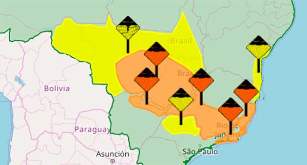 Inmet colocou várias regiões do Brasil em alerta sobre temporais, incluindo o Norte e Nordeste de Mato Grosso do Sul. (Imagem: Inmet/Reprodução)