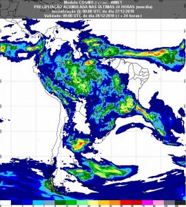 Mapa pluviométrico do Inmet mostra acúmulo de chuva no país em 24 horas; MS deve ter chuvas isoladas, por vezes fortes, durante a tarde. (Imagem: Inmet/Reprodução)