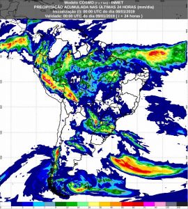 Precipitação acumulada sobre o Brasil nas últimas 24 horas; expectativa é de temporais em MS. (Foto: Inmet/Reprodução)