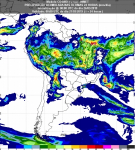 Mapa de precipitação acumulada do Inmet referente às últimas 24 horas mostra pouca chuva sobre MS. (Imagem: Inmet/Divulgação)