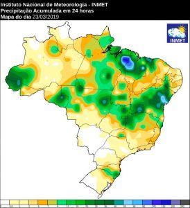 Mapa pluviométrico do país neste domingo (24) mostra baixa precipitação no Estado; semana promete ter apenas chuvas isoladas em MS. (Imagem: Inmet/Reprodução)