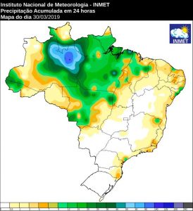 Mapa de chuvas no sábado (30) já mostrava MS com baixos índices; umidade deve cair no início de abril. (Imagem: Inmet)