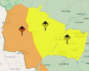 Inmet emitiu alerta de perigo de tempestade para área laranja do mapa de MS; parte amarela indica risco potencial. (Imagem: Inmet/Reprodução)