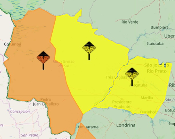 Inmet emitiu alerta de perigo de tempestade para área laranja do mapa de MS; parte amarela indica risco potencial. (Imagem: Inmet/Reprodução)