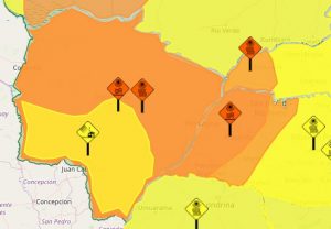 No mapa, em laranja, regiões do Estado que podem ser atingidas por ventanias nesta segunda-feira; área laranja em todo o território marca regiões tomadas por calor e baixa umidade. (Imagem: Inmet/Reprodução)