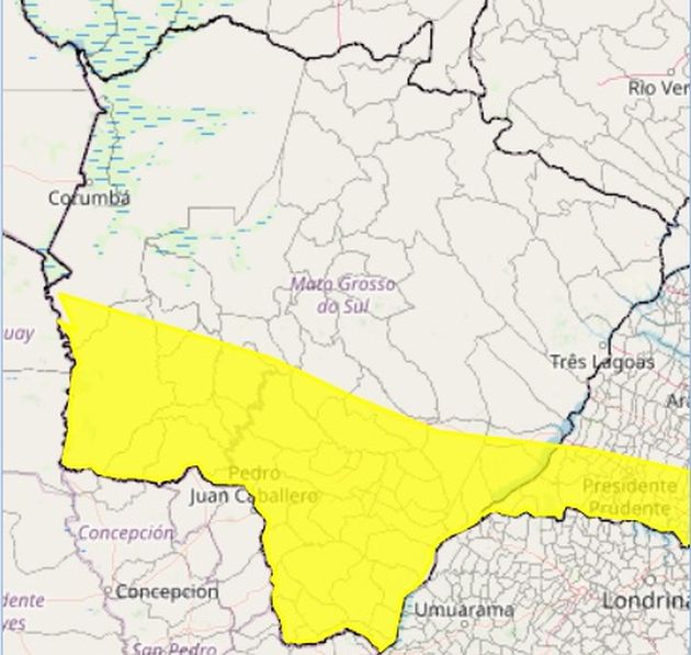 Faixa amarela no mapa mostra municÃpios de MS sob risco de temporais. (Imagem: Inmet/Reprodução)