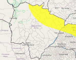 Faixa amarela no mapa estará sujeita a temporais nesta terça-feira, segundo o Inmet. (Imagem: Inmet/Divulgação)